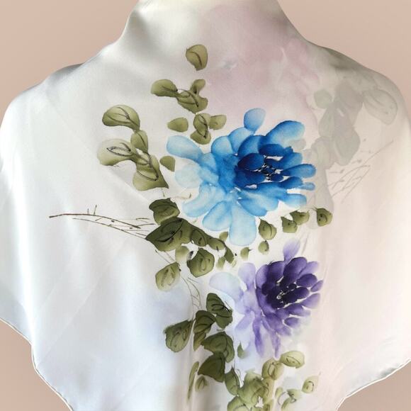 Pure 100% Silk Scarf Floral Hand Paint Chiffon Shawl Wrap Kerchief Bandana Cream - Picture 3 of 12